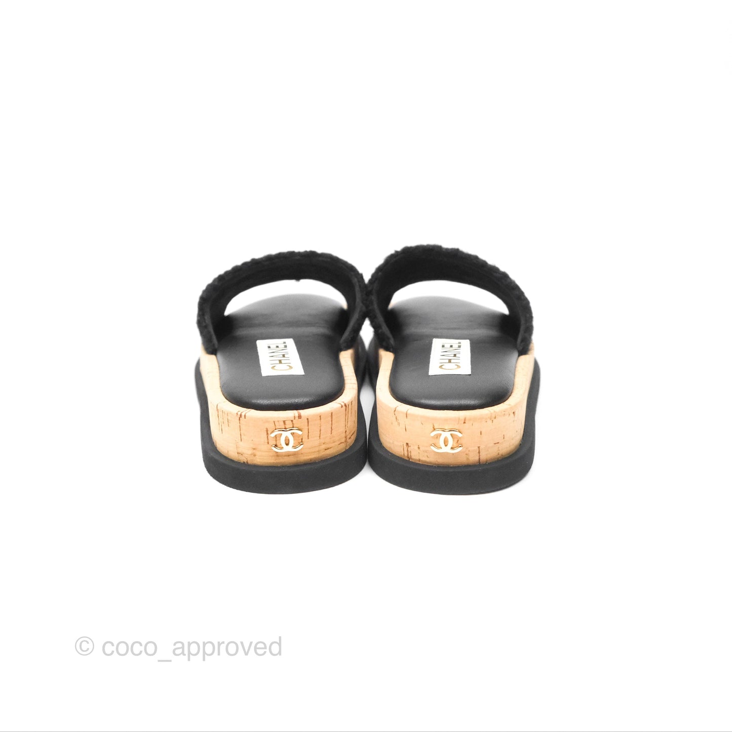 Chanel CC Mule Sandals Black Tweed Cork Size 36