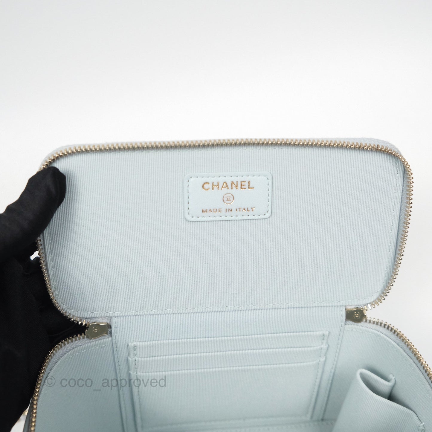 Chanel Vanity Rectangular Top Handle Light Blue Lambskin Gold Hardware