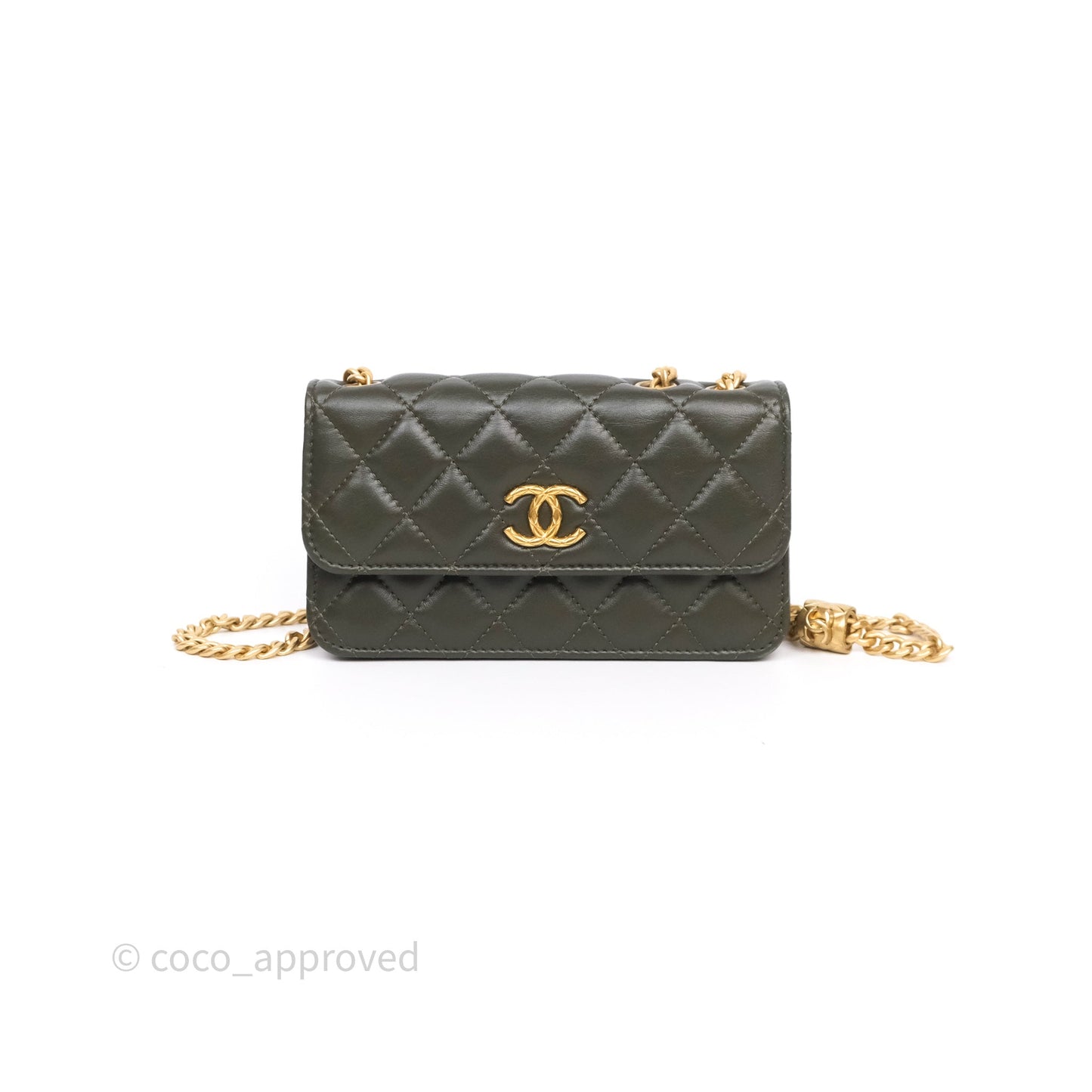 Chanel All Slide Adjustable Chain Phone Holder WOC Olive Green Lambskin