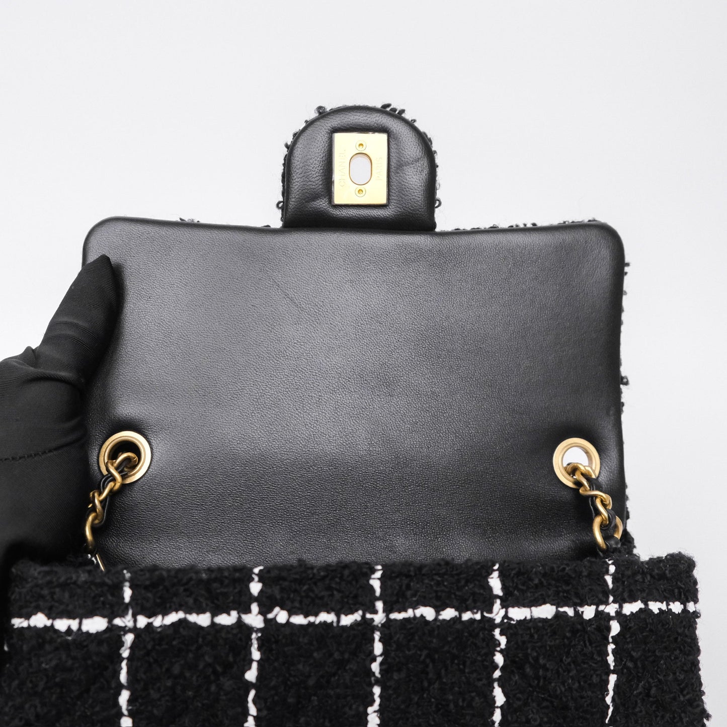 Chanel Pearl Crush Mini Rectangular Grid Black White Tweed Aged Gold Hardware