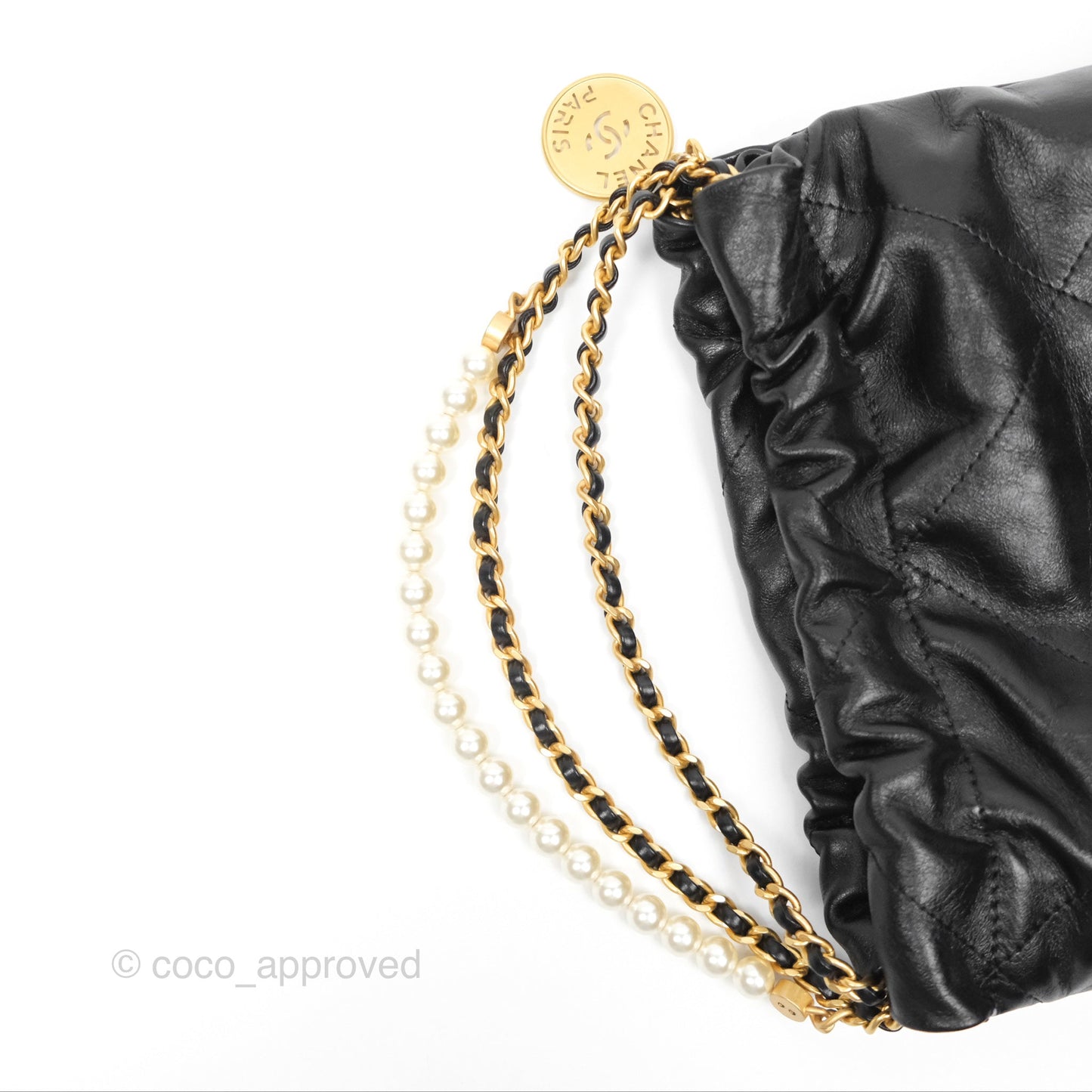 Chanel 22 Mini Bag with Pearl Chain Black Shiny Crumpled Calfskin