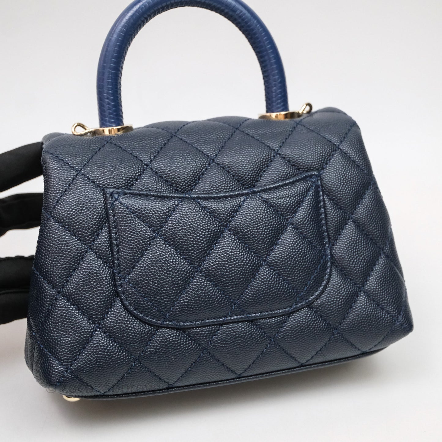 Chanel Mini Coco Handle Quilted Navy Caviar Gold Hardware Lizard Embossed Handle