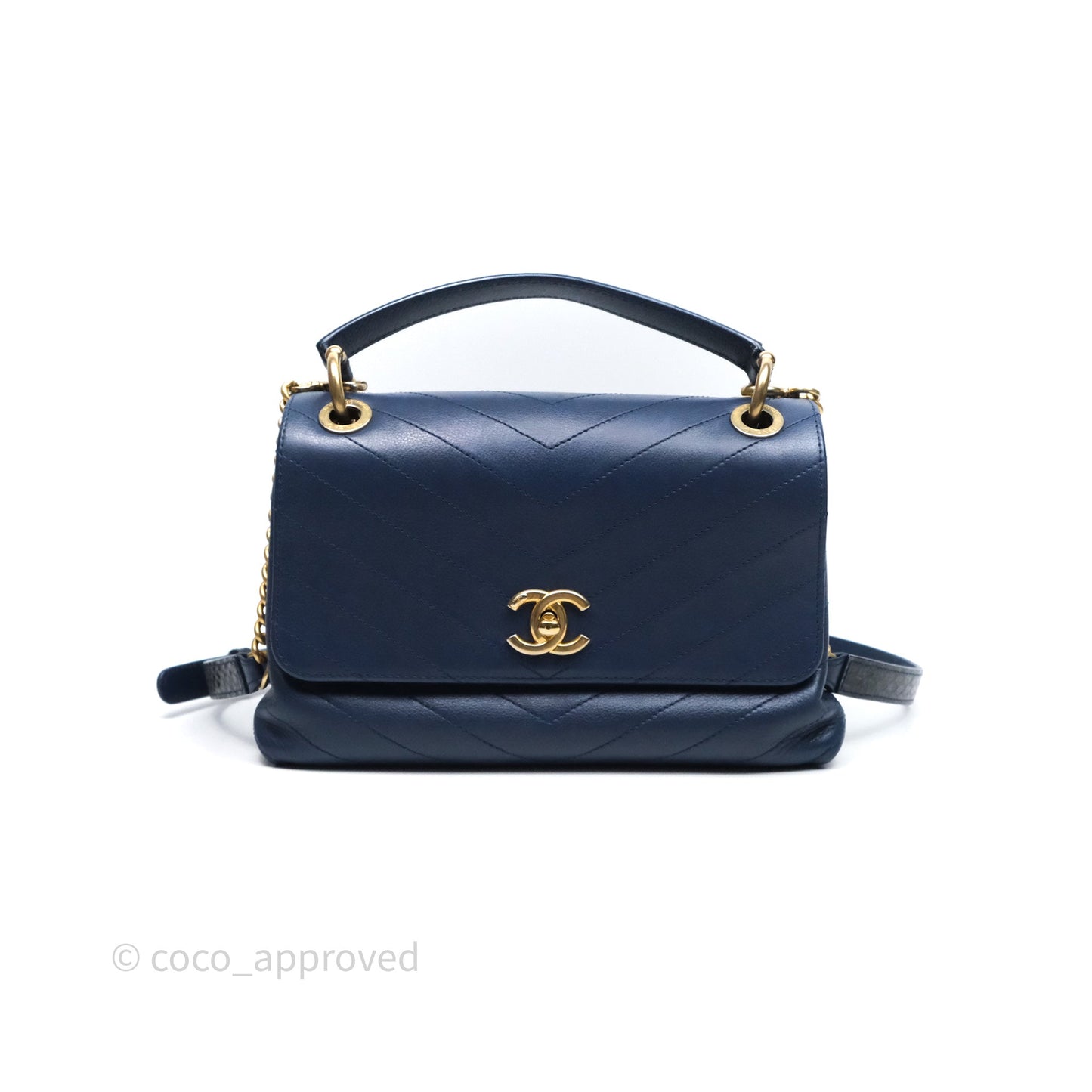 Chanel Small Chevron Python Chic Top Handle Flap Blue Calfskin Gold Hardware
