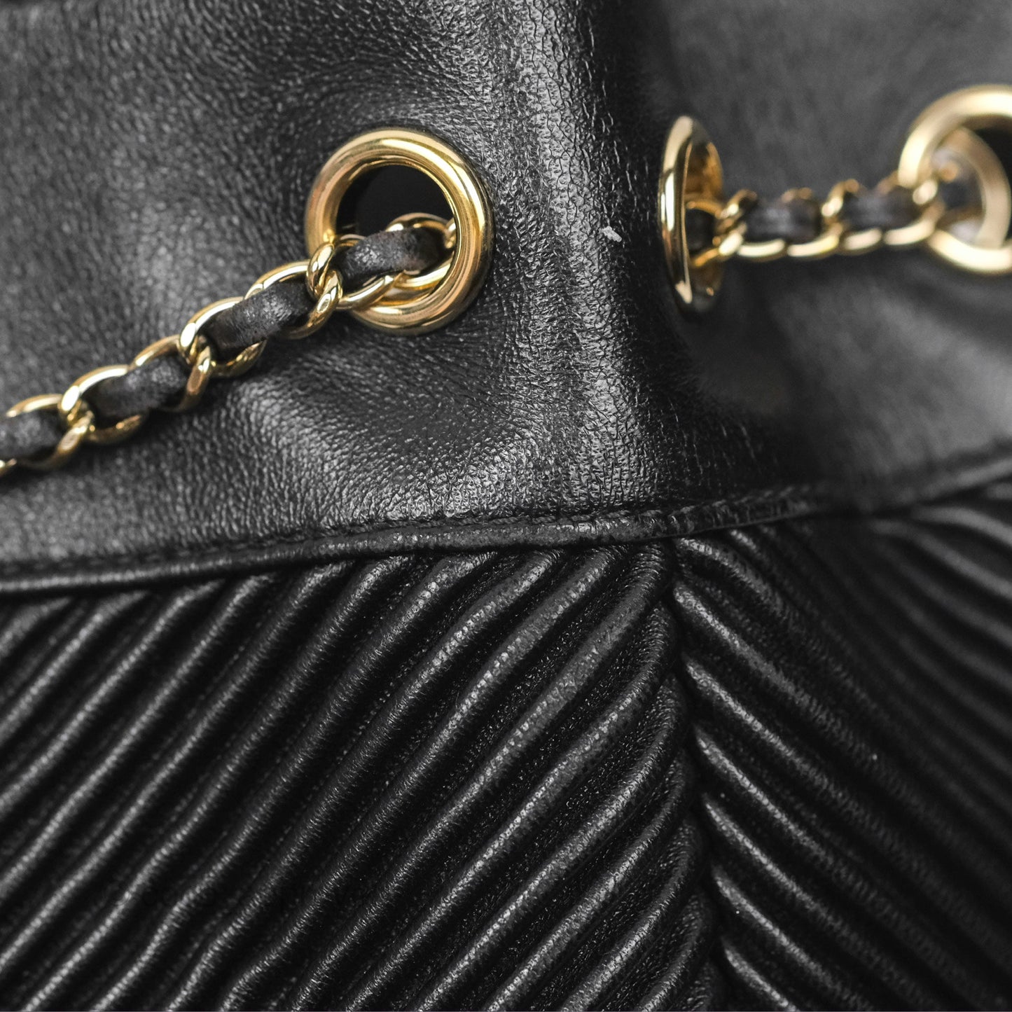 Chanel CC Chain Drawstring Bucket Bag Chevron Black Lambskin Gold Hardware