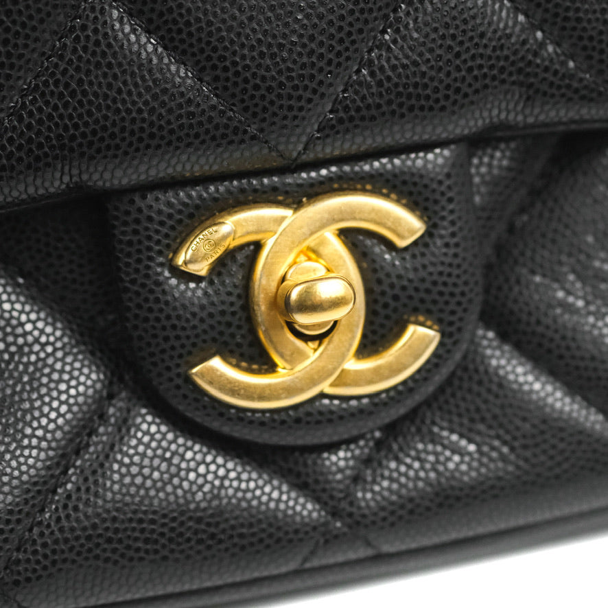 Chanel Small Flap with Coin Charm Black Caviar Aged Gold Hardware 22A
