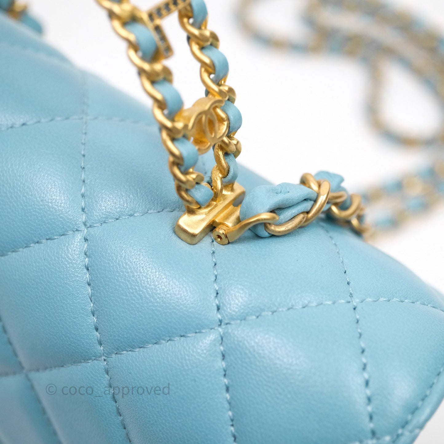 Chanel Flap Bag with Crystal Logo Top Handle Tiffany Blue Lambskin Aged Gold Hardware