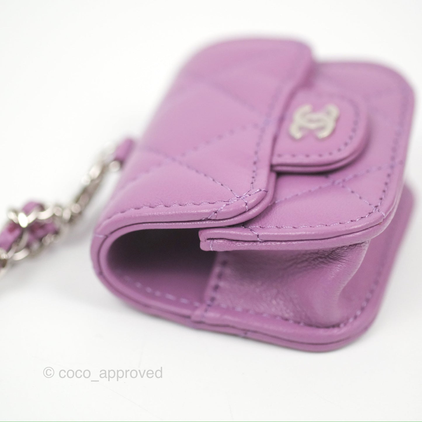 Chanel Quilted Airpods Pro Case with Removable Chain Purple Lambskin Silver Hardware