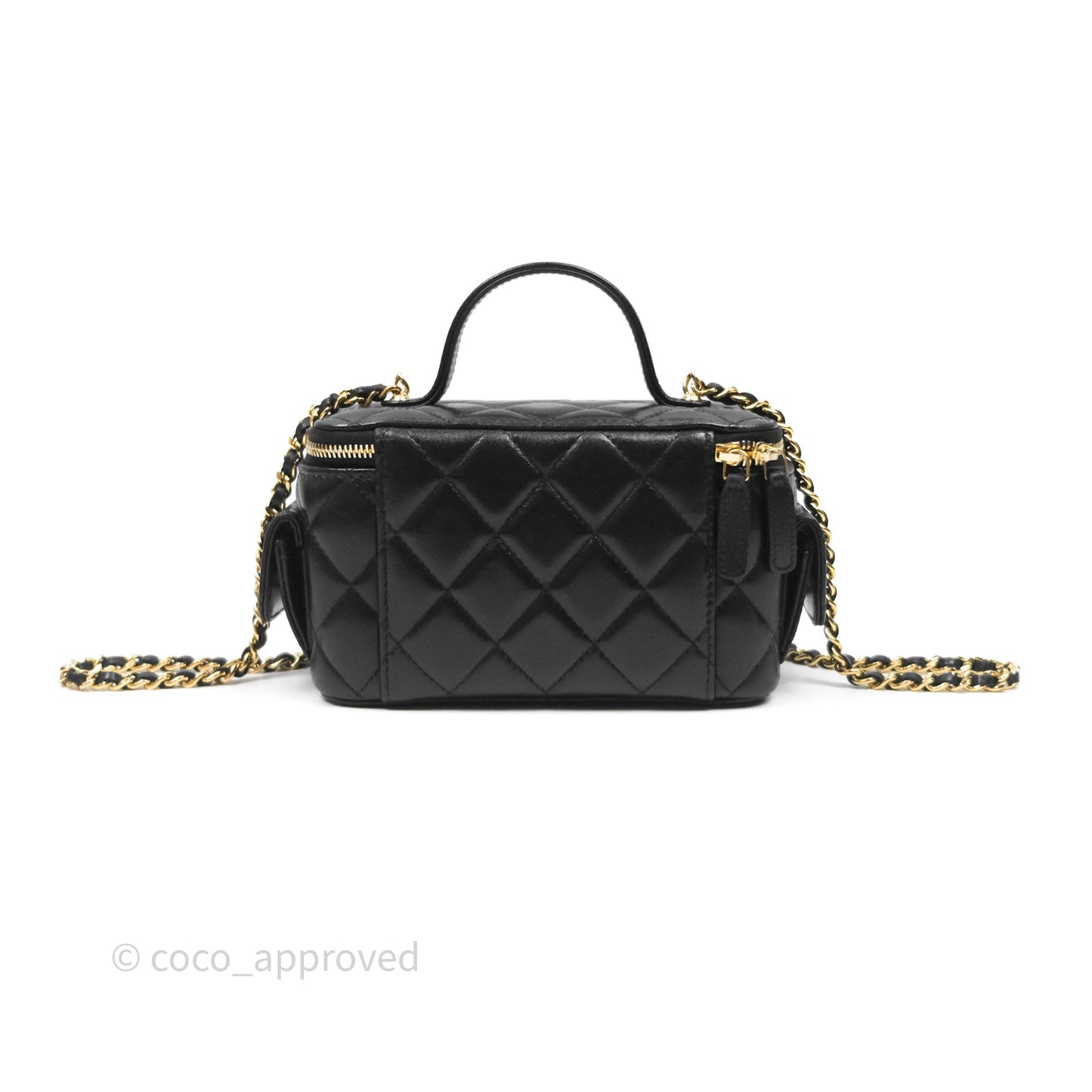 Chanel Cargo Pocket Top Handle Vanity with Chain Black Shiny Lambskin Gold Hardware 22K