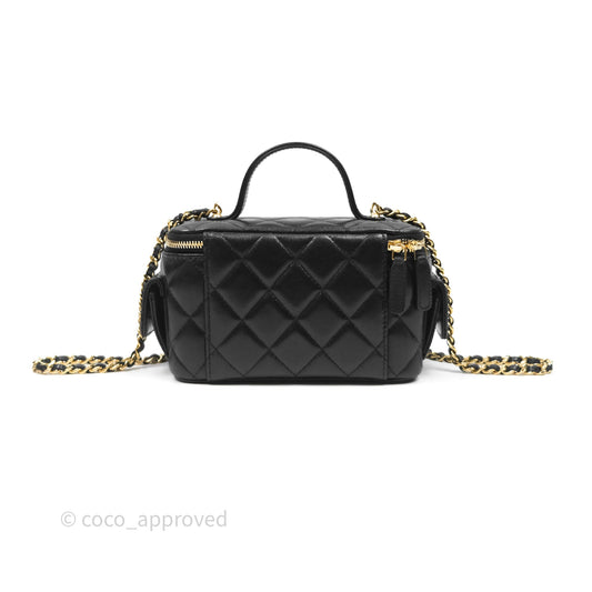 Chanel Cargo Pocket Top Handle Vanity with Chain Black Shiny Lambskin Gold Hardware 22K