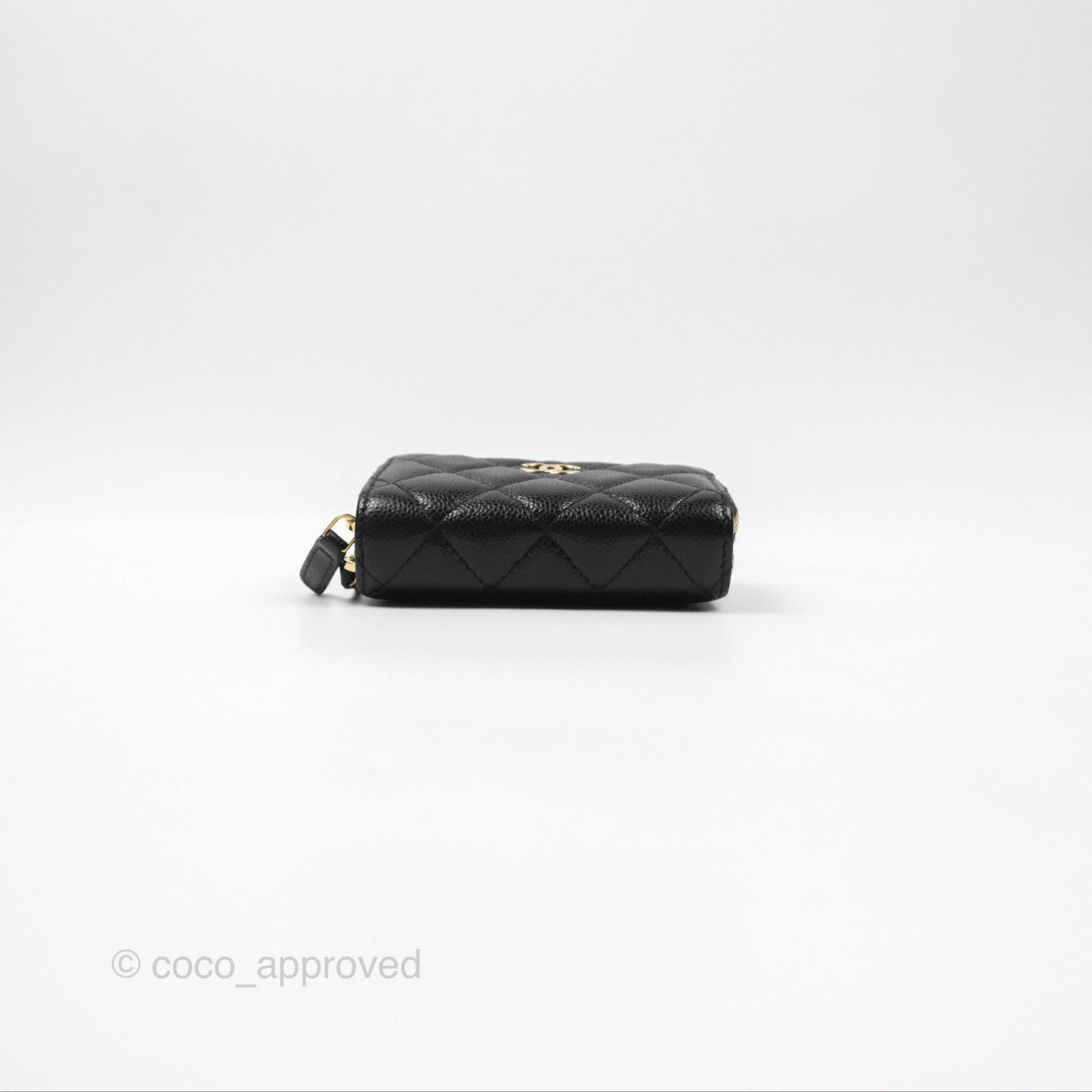 Chanel Miss Coco Quilted Zip Card Holder on Chain Black Caviar Gold Hardware