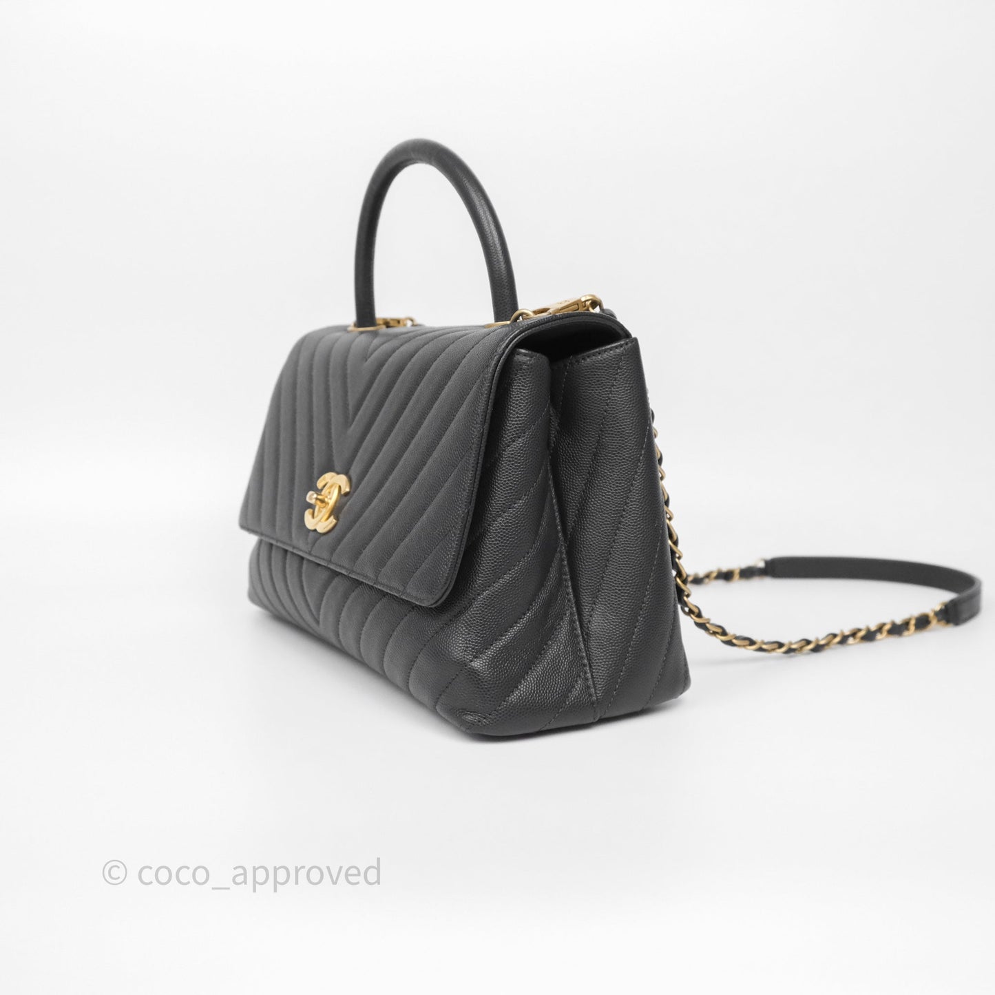 Chanel Medium Coco Handle Chevron Dark Grey Caviar Aged Gold Hardware