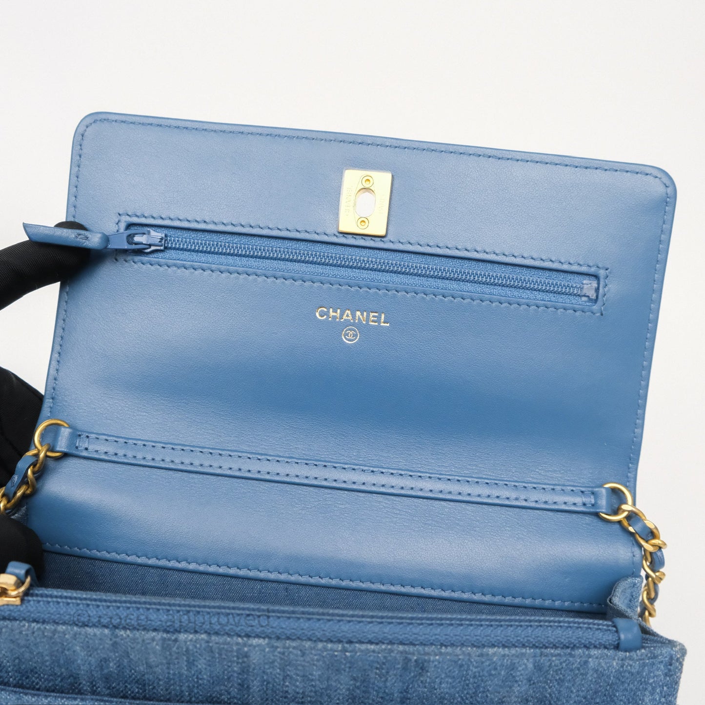 Chanel Quilted Pearl Crush Wallet on Chain WOC Denim Aged Gold Hardware