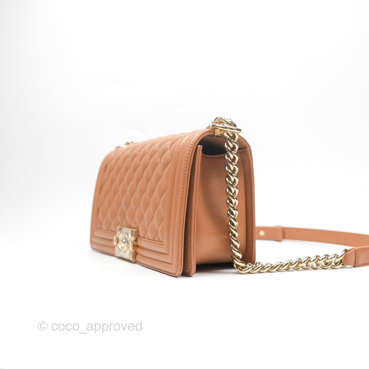 Chanel Quilted Medium Boy Dark Caramel Beige Caviar Gold Hardware