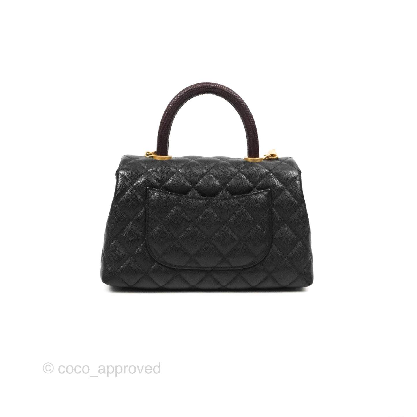 Chanel Small Coco Handle Quilted Black Caviar Aged Gold Hardware Lizard Handle
