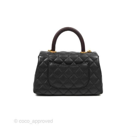 Chanel Small Coco Handle Quilted Black Caviar Aged Gold Hardware Lizard Handle