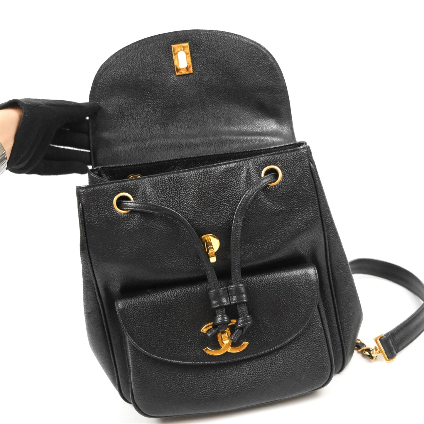 Chanel Vintage Large CC backpack Black Caviar 24K Gold Hardware