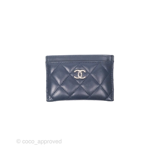 Chanel Quilted Classic Flat Card Holder Navy Sliver Hardware