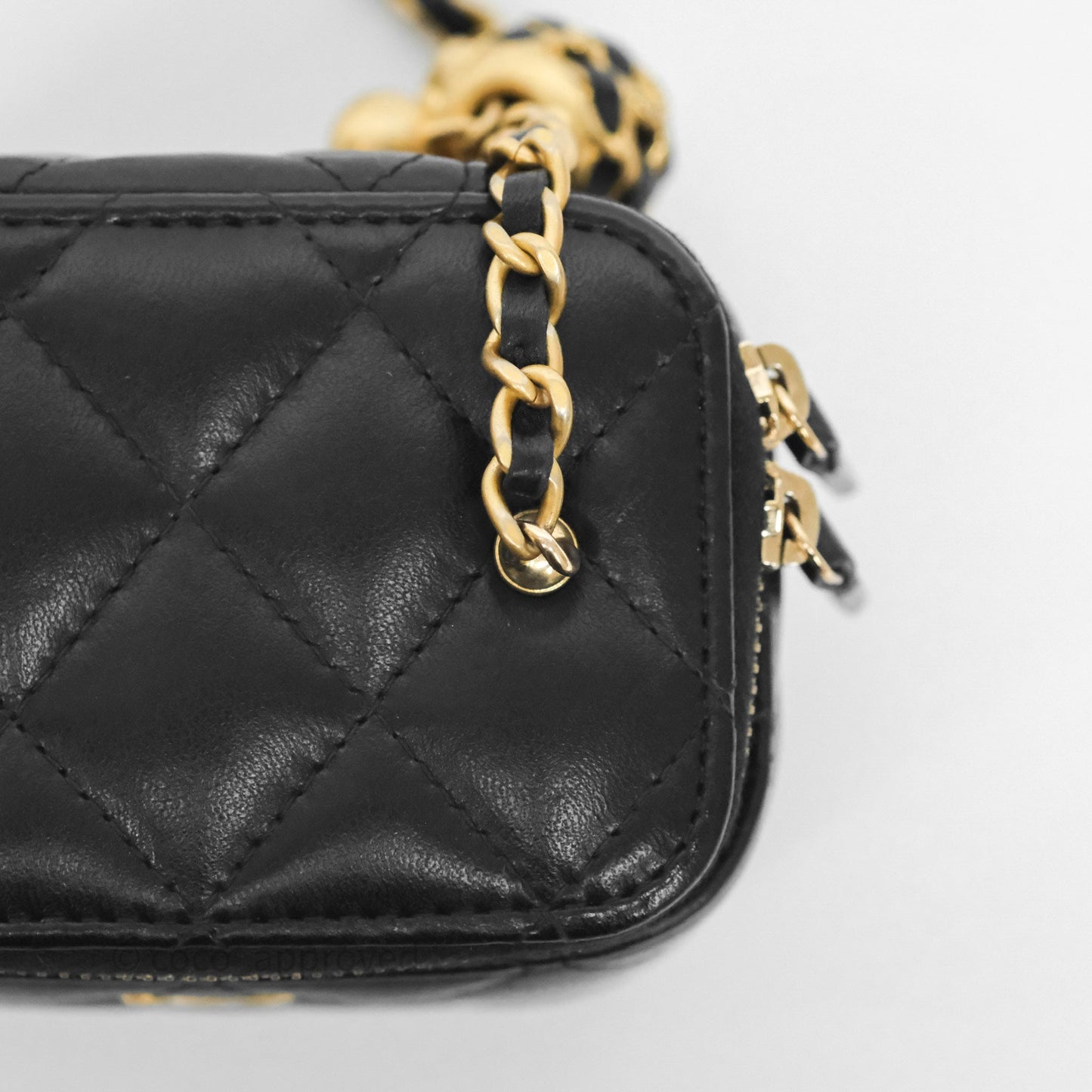 Chanel Quilted Pearl Crush Mini Vanity With Chain Black Lambskin Aged Gold Hardware