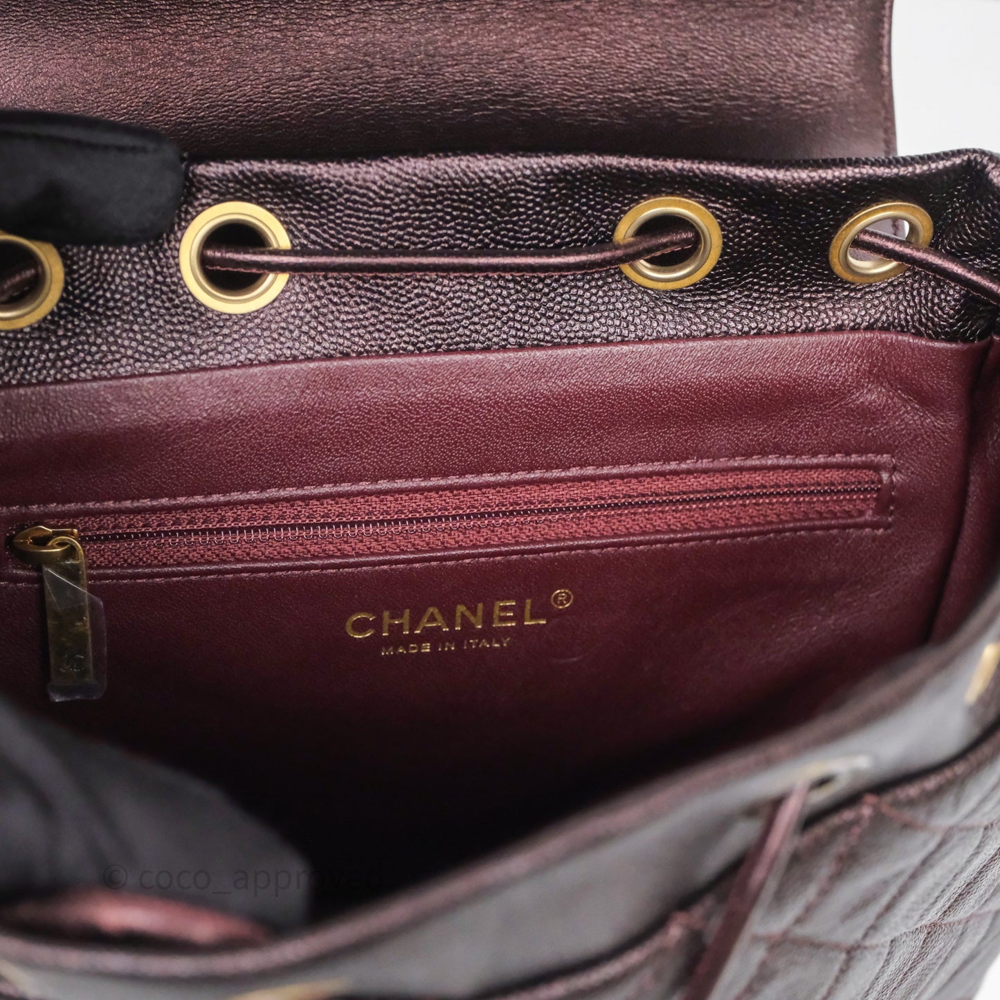 Chanel Quilted Filigree Backpack Iridescent Burgundy Caviar Aged Gold Hardware