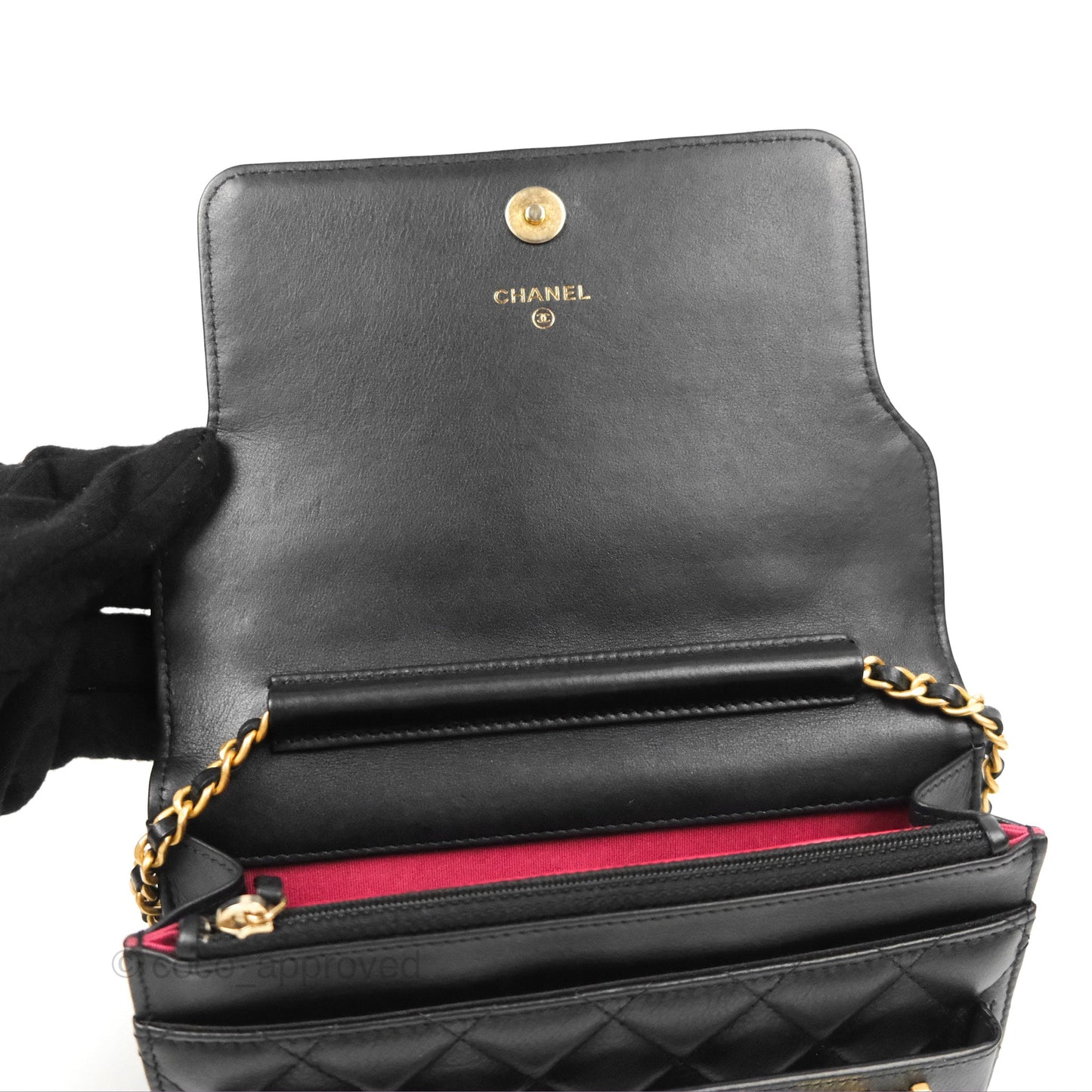 Chanel Logo Enchained Wallet On Chain WOC Black Calfskin Gold Hardware