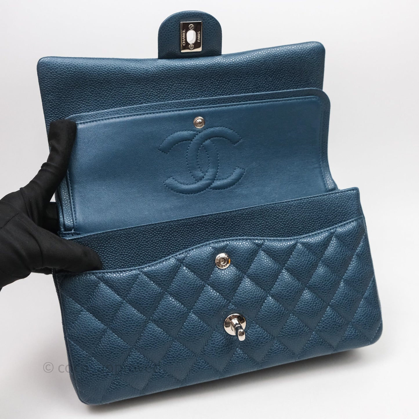 Chanel Classic Medium Flap Quilted Iridescent Teal Caviar Silver Hardware
