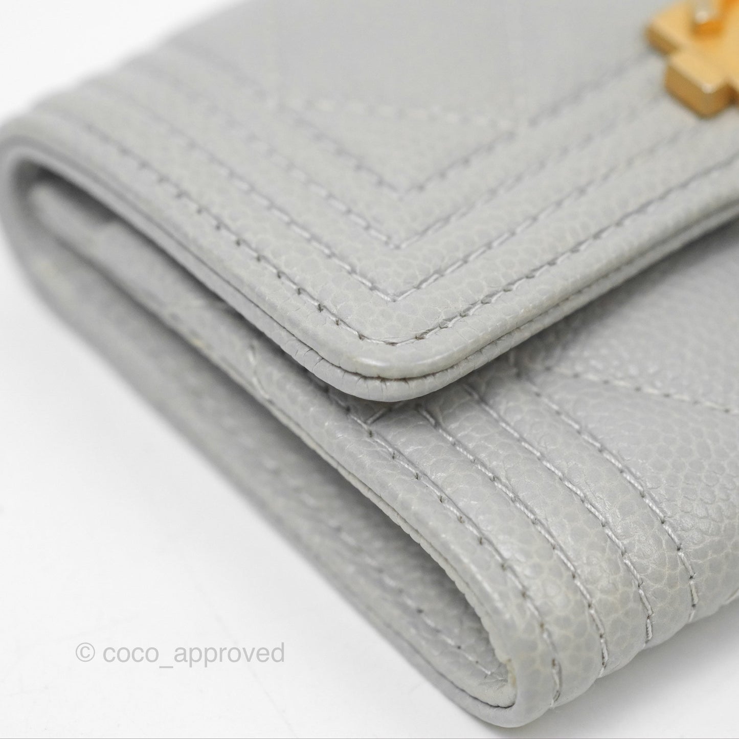 Chanel Boy Quilted Flap Card Holder Grey Caviar Aged Gold Hardware