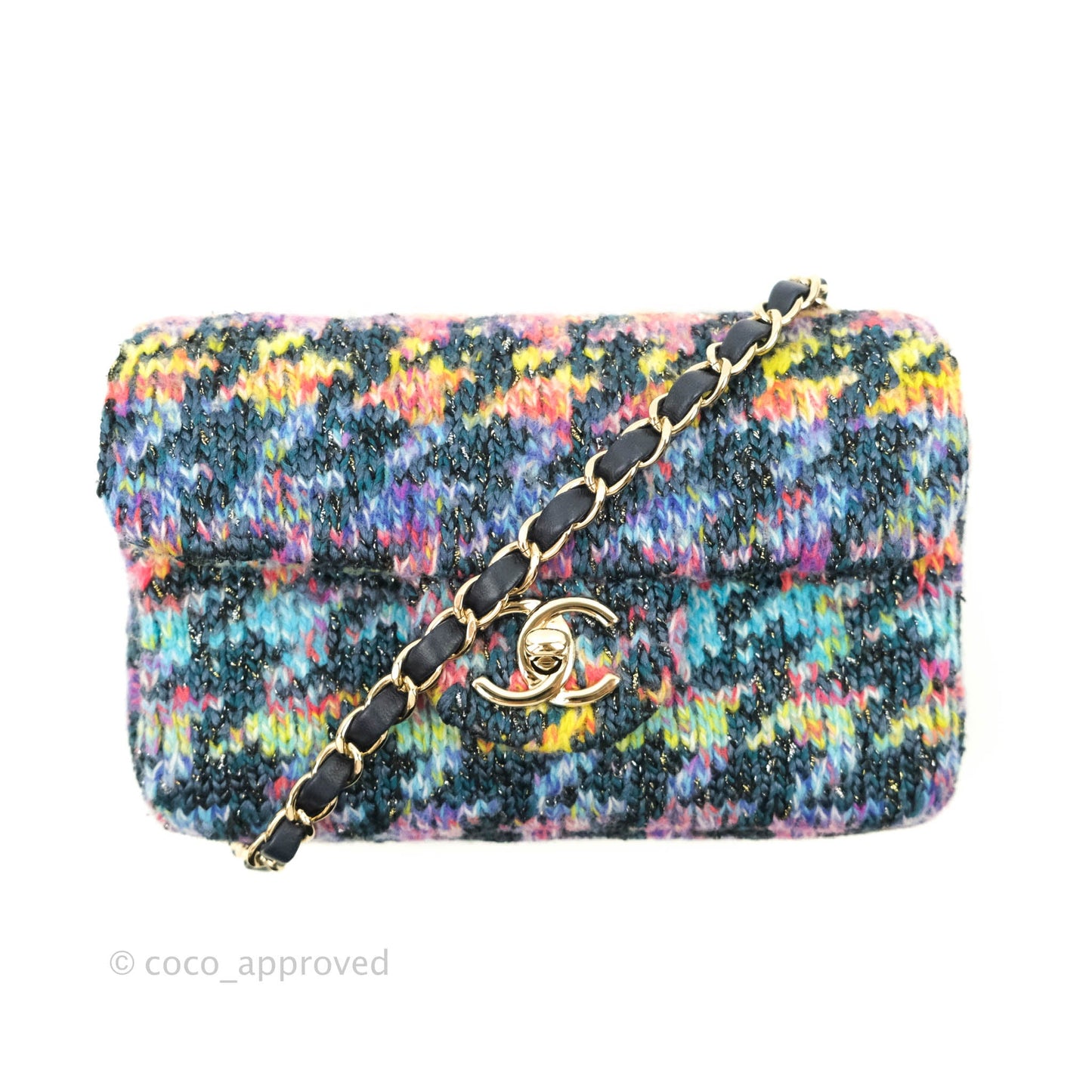 Chanel Mini Rectangular Rainbow Houndstooth Wool Tweed Flap Gold Hardware