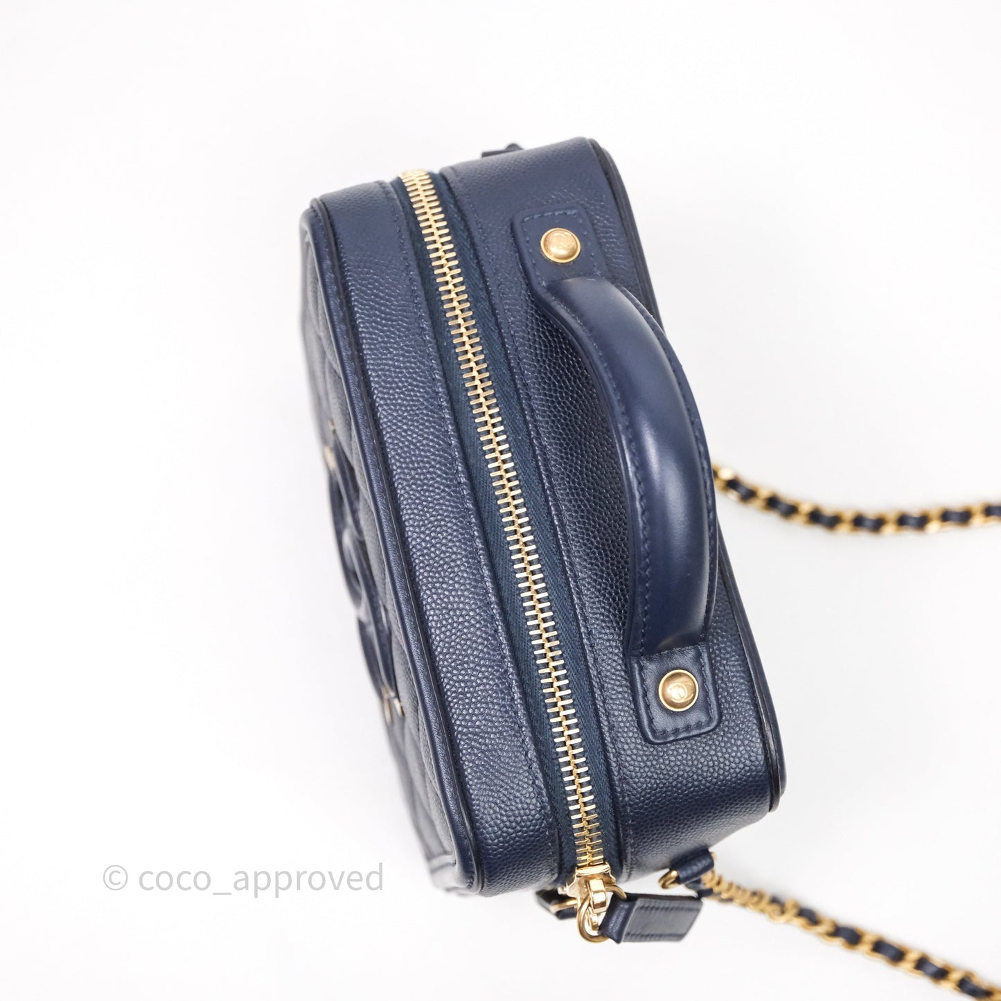 Chanel Quilted Small CC Filigree Vanity Case Navy Caviar Gold Hardware