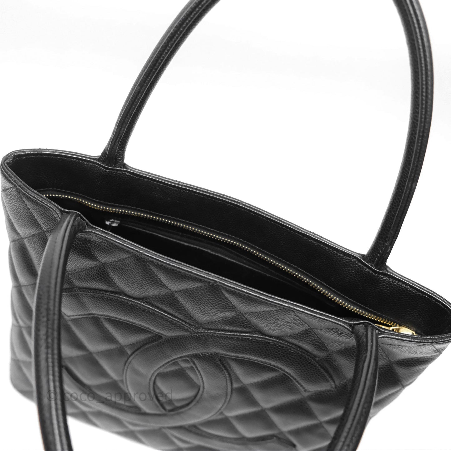 Chanel Vintage Medallion CC Black Caviar Tote Bag Gold Hardware