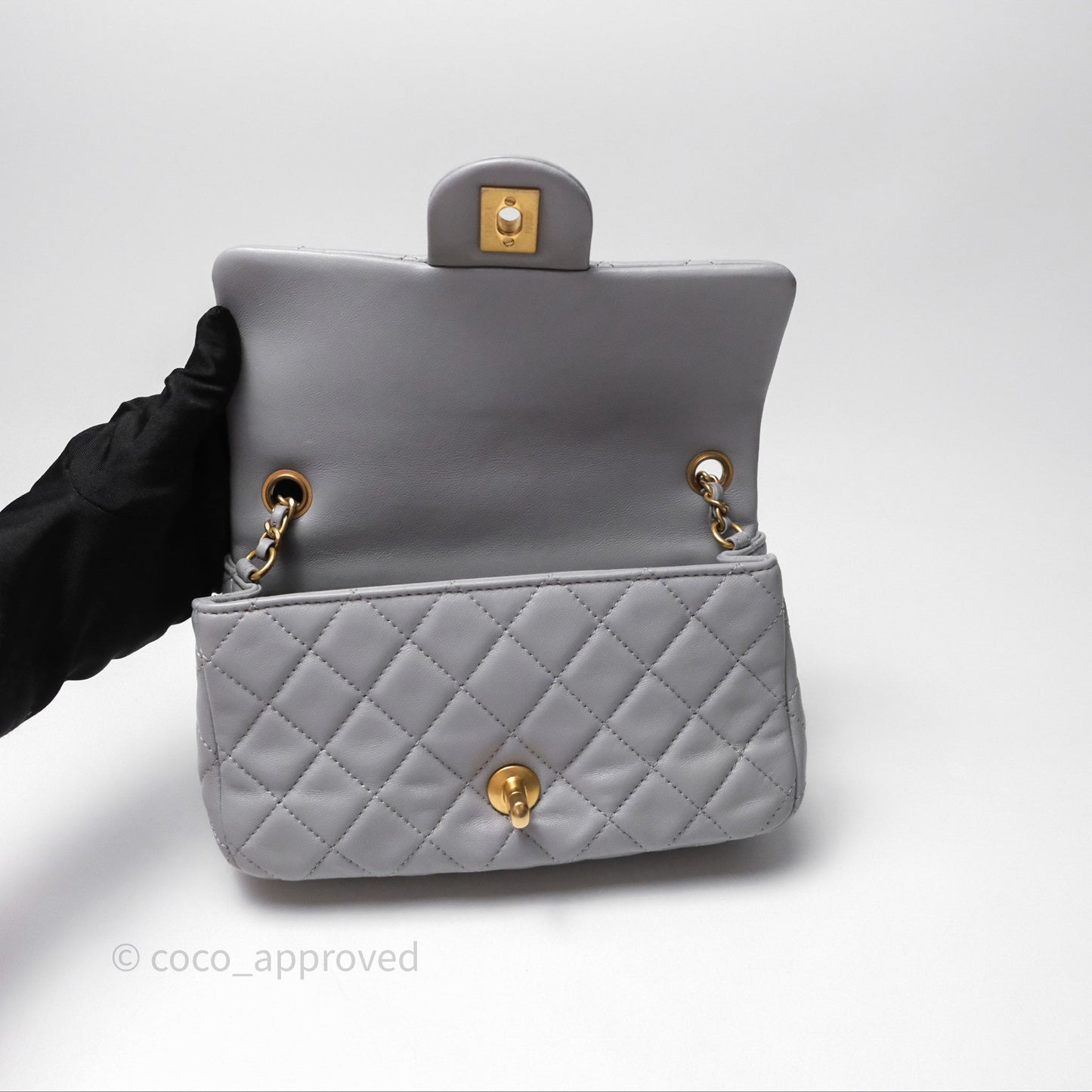 Chanel Pearl Crush Mini Rectangular Quilted Grey Lambskin Aged Gold Hardware