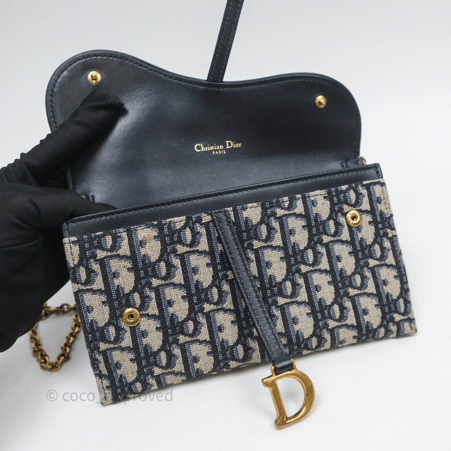 Christian Dior Small Saddle Pouch Wallet with Chain Blue Dior Oblique Jacquard
