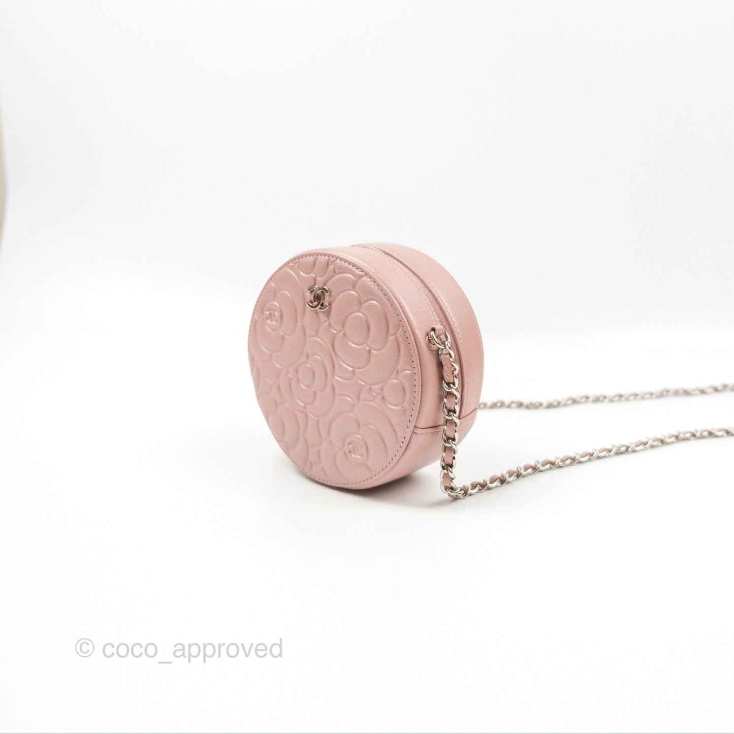 Chanel Camellia Embossed Round Clutch With Chain Iridescent Light Pink Goatskin Silver Hardware