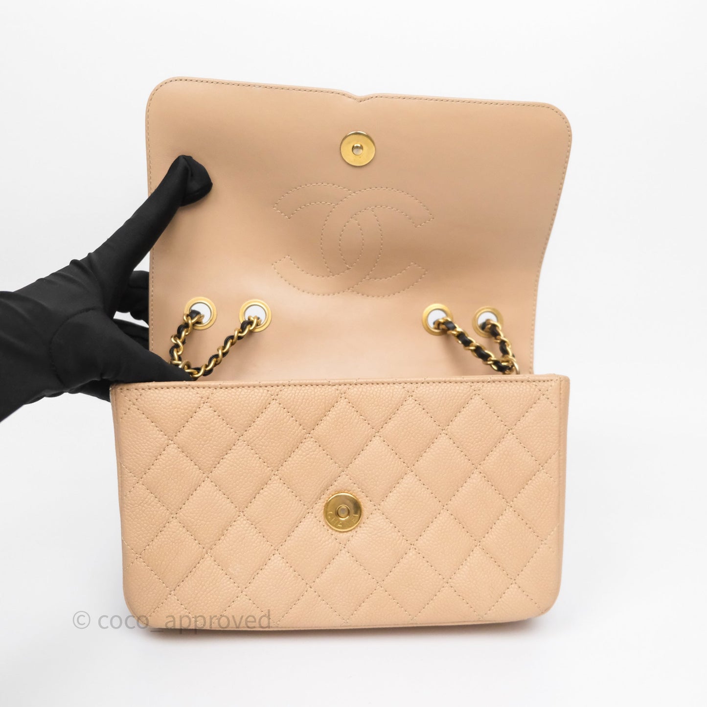 Chanel Small CC Filigree Flap Quilted Beige Black Caviar