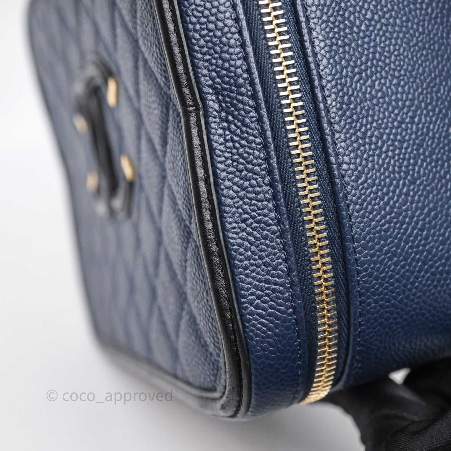 Chanel Quilted Large CC Filigree Vanity Case Navy Black Caviar Aged Gold Hardware