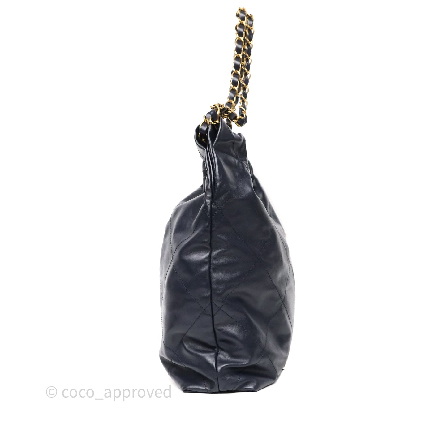 Chanel 22 Medium Navy Shiny Calfskin Aged Gold Hardware