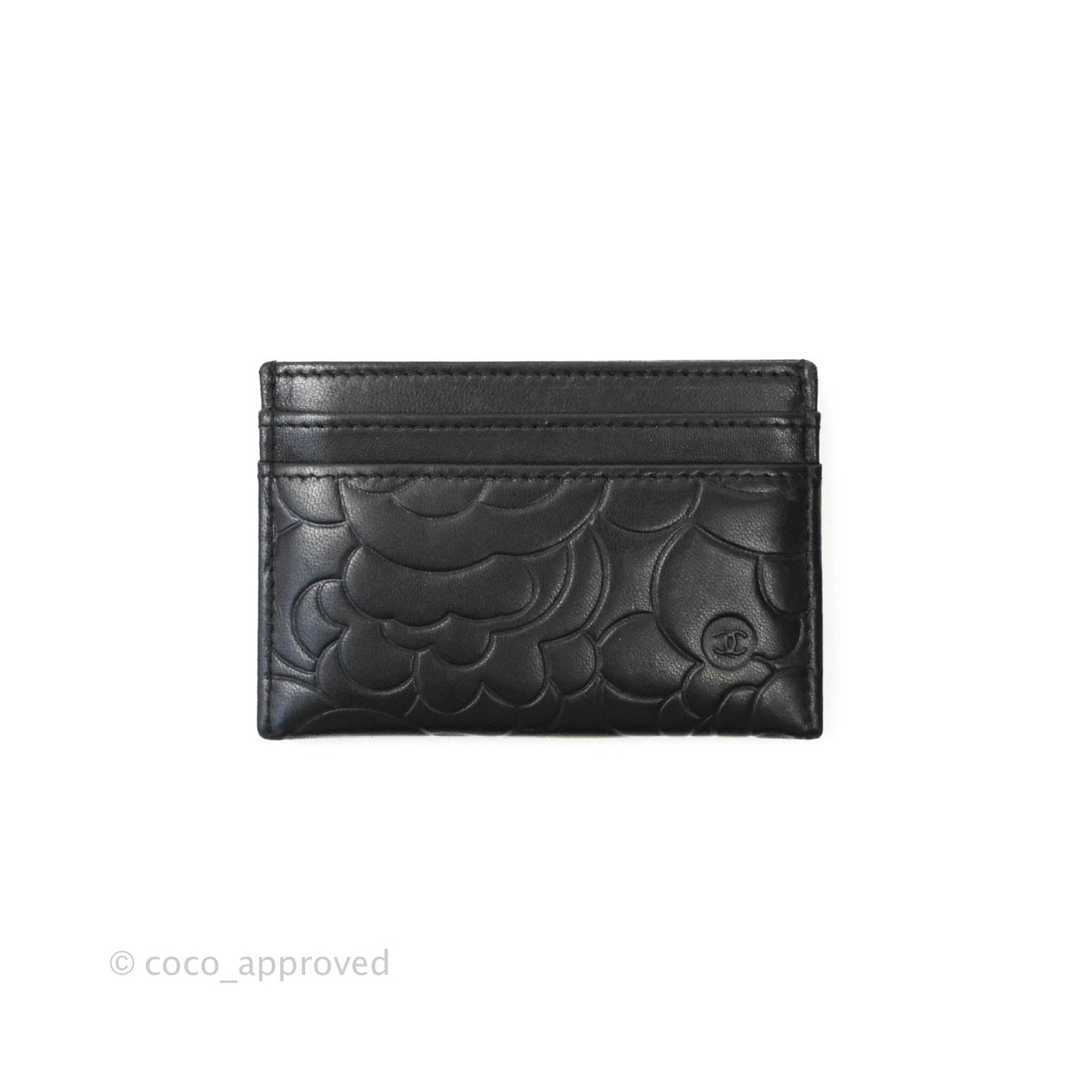 Chanel Classic Camellia Embossed Lambskin Card Holder Silver Hardware