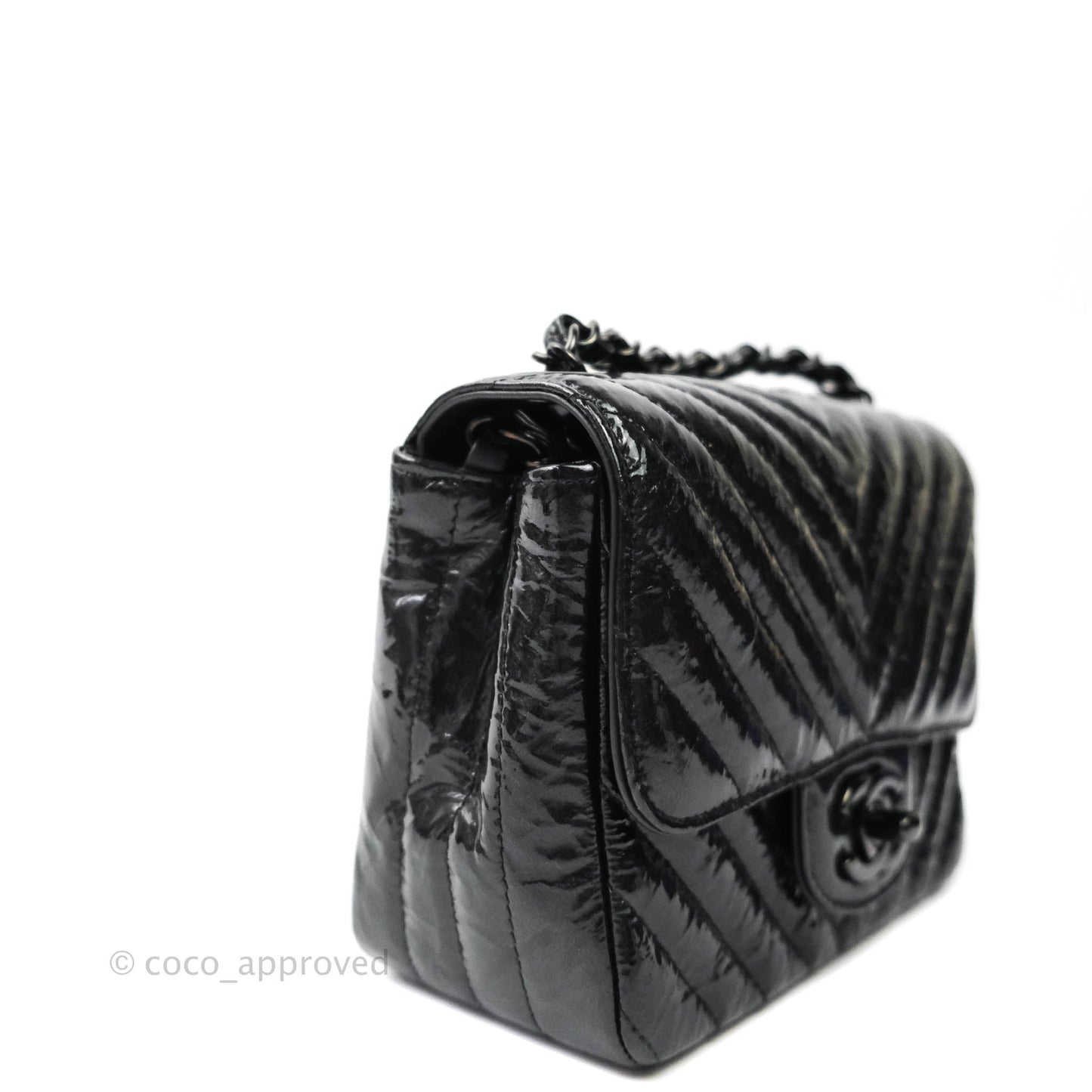 Chanel Mini Square Chevron Black Crumpled Metallic Patent So Black