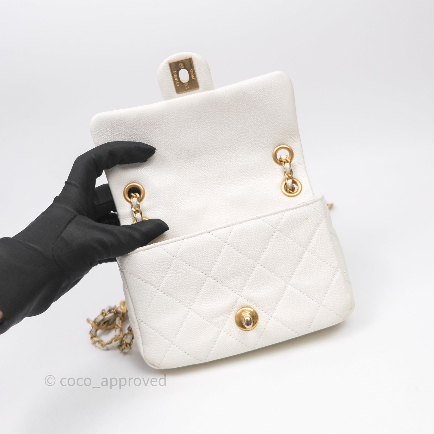 Chanel Mini Flap White Caviar Bag Double Chain Gold Hardware