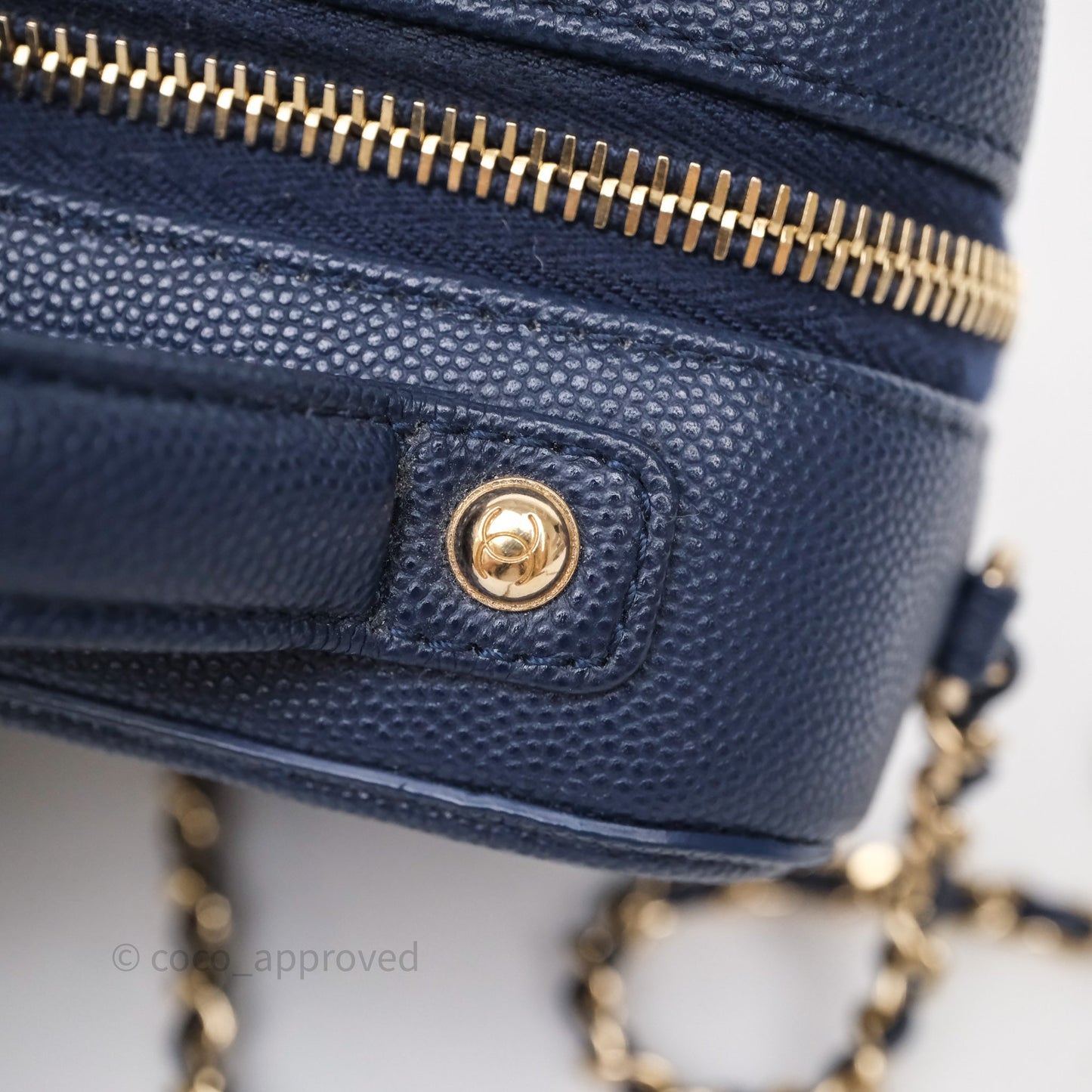 Chanel Quilted Small CC Filigree Vanity Case Navy Caviar Gold Hardware