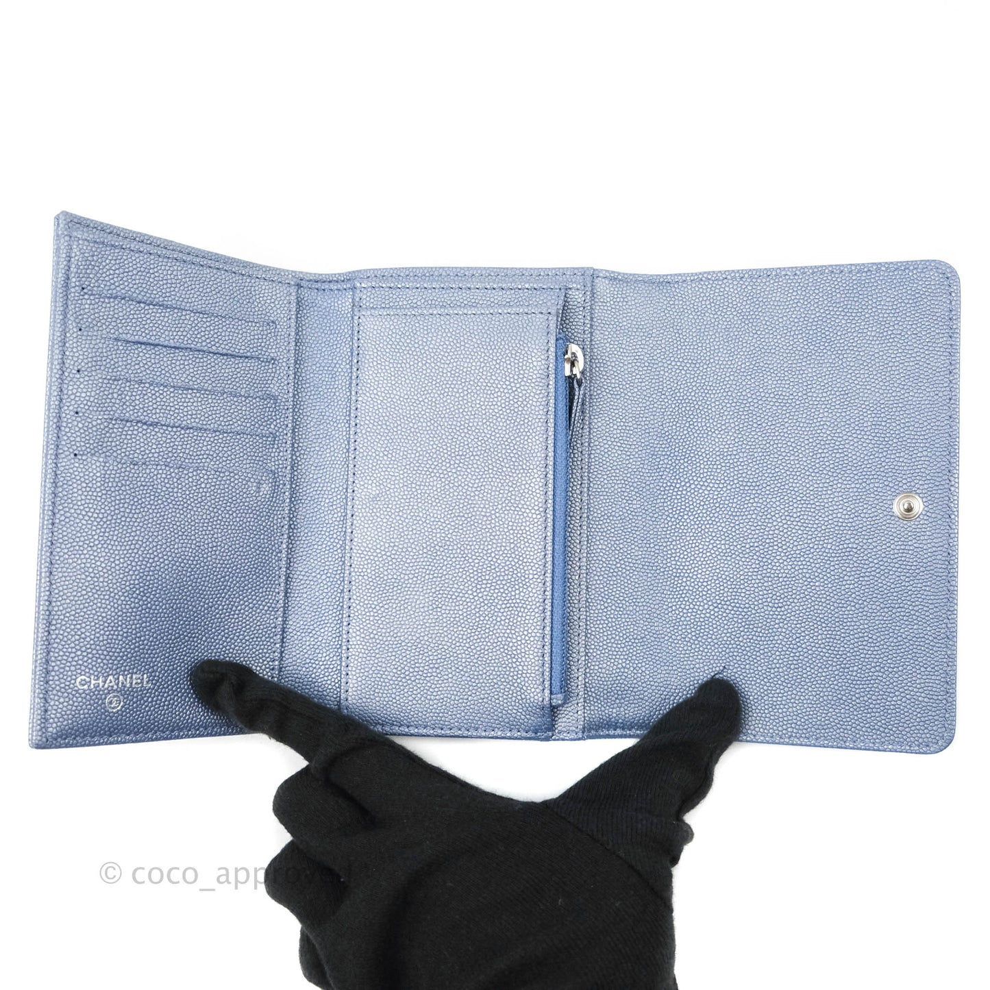 Chanel Chevron Mademoiselle Wallet Iridescent Blue Caviar Silver Hardware