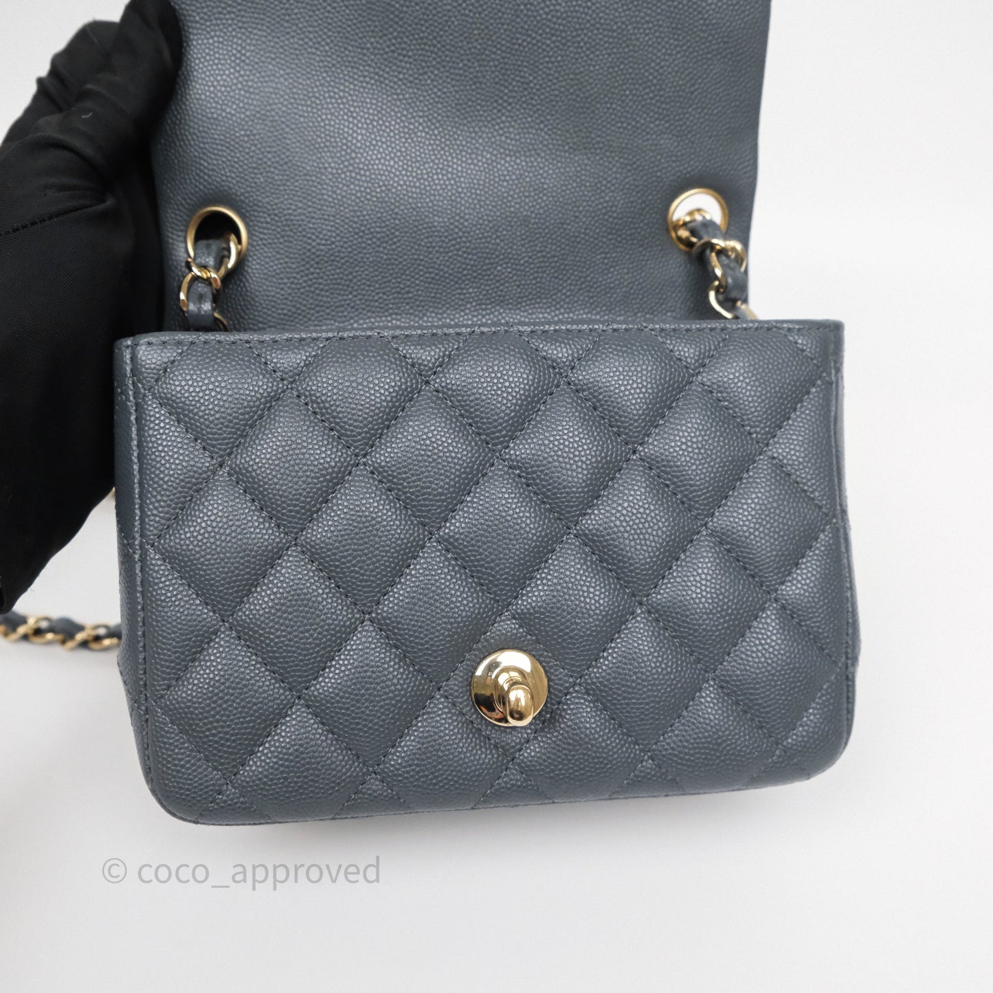 Chanel Mini Square Flap Quilted Dark Grey Blue Caviar Gold Hardware