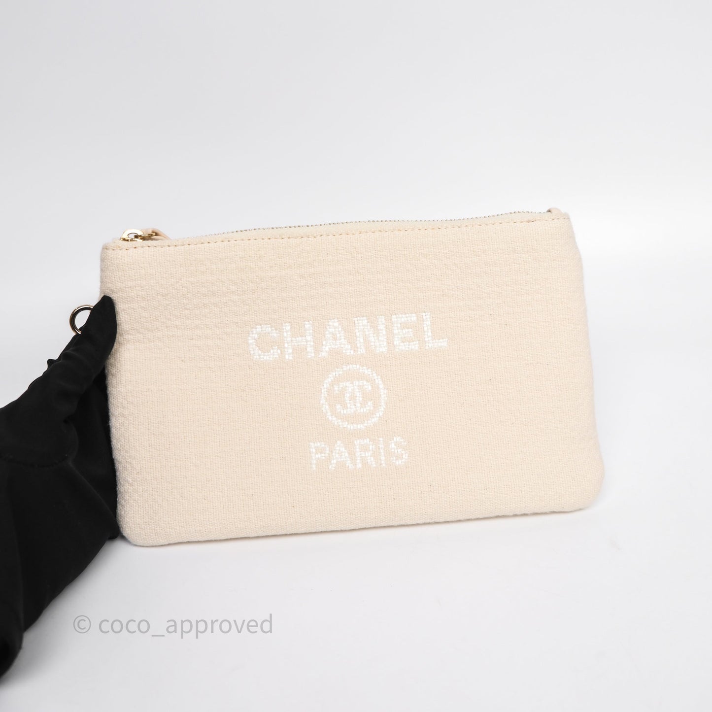 Chanel New Small Deauville Cream Ivory Canvas Light Gold Hardware