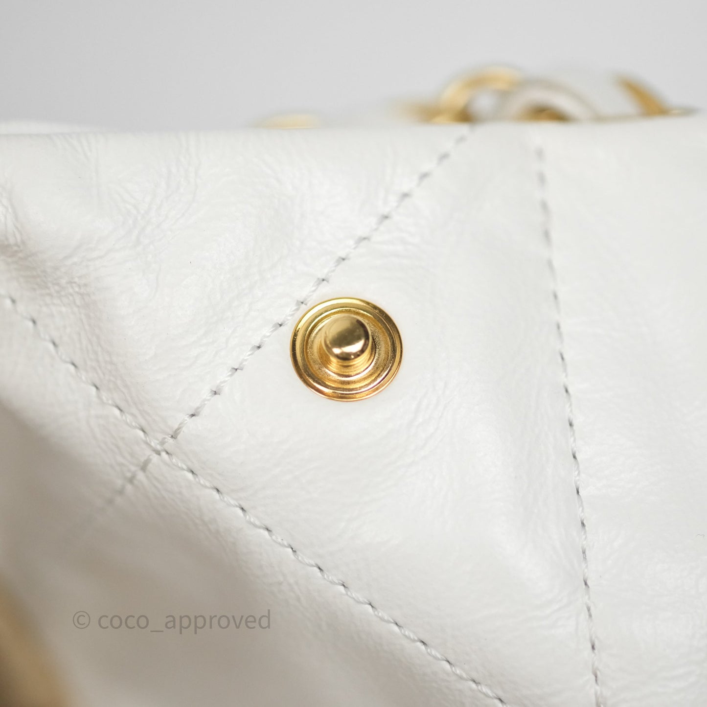 Chanel 22 Small White Aged Calfskin Black Logo Aged Gold Hardware