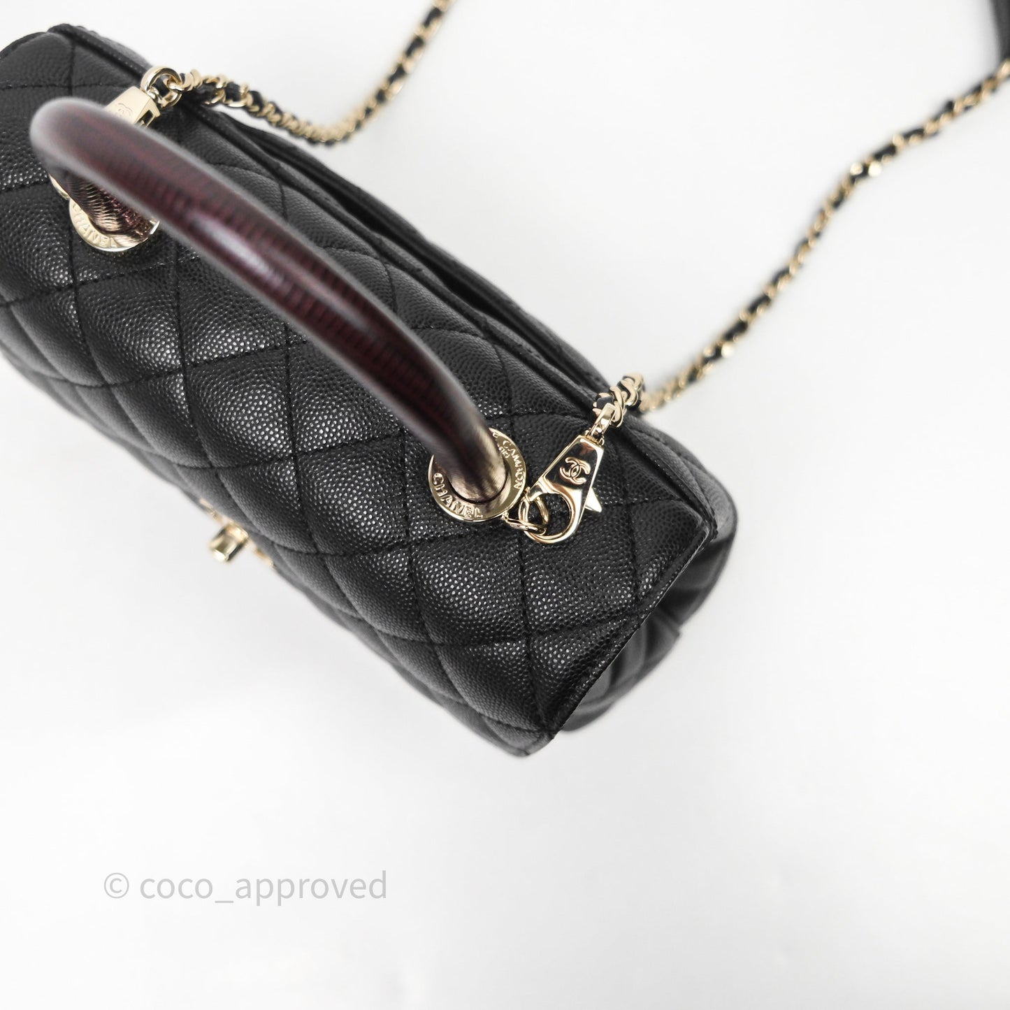 Chanel Mini Coco Handle Quilted Black Caviar Light Gold Hardware Lizard Embossed Handle