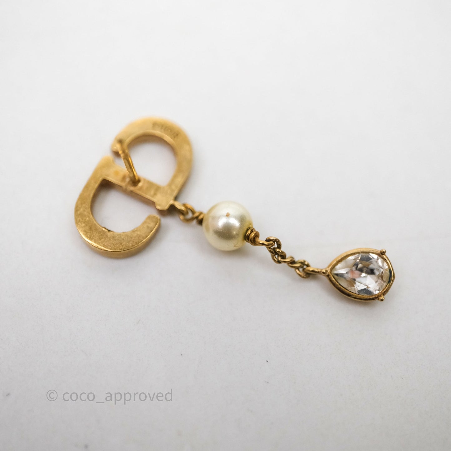 Christian Dior Pearl Crystal CD Drop Earrings Gold Tone