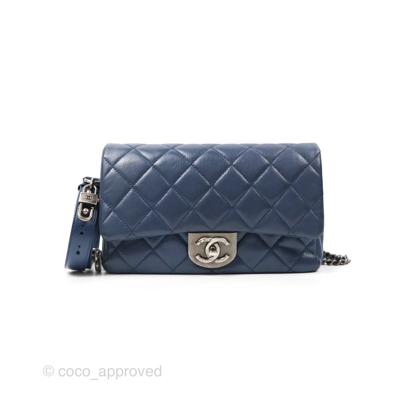 Chanel Quilted Small Double Carry Waist Chain Flap Dark Blue Shiny Goatskin