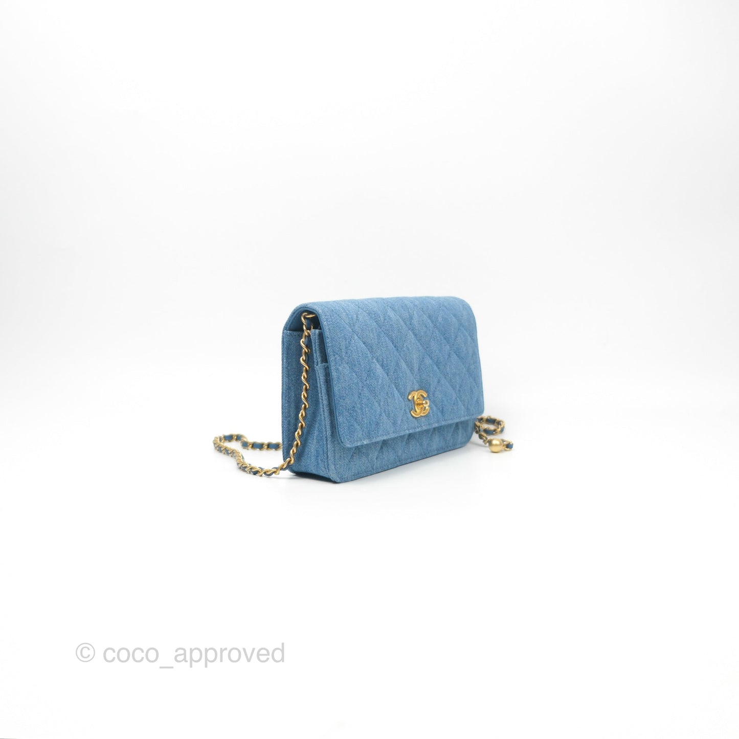 Chanel Quilted Pearl Crush Wallet on Chain WOC Denim Aged Gold Hardware