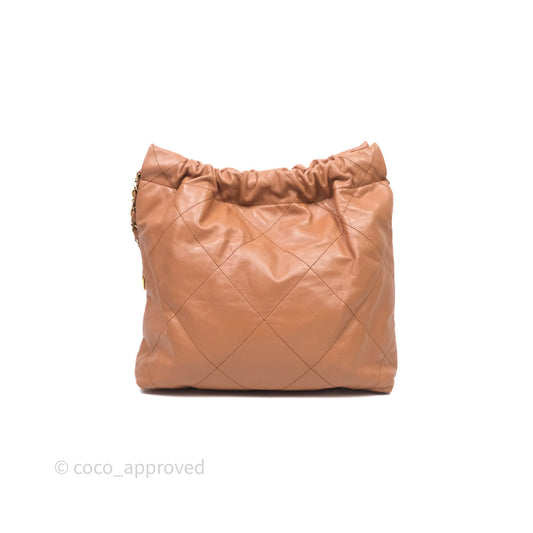 Chanel 22 Small Caramel Beige Shiny Calfskin Aged Gold Hardware