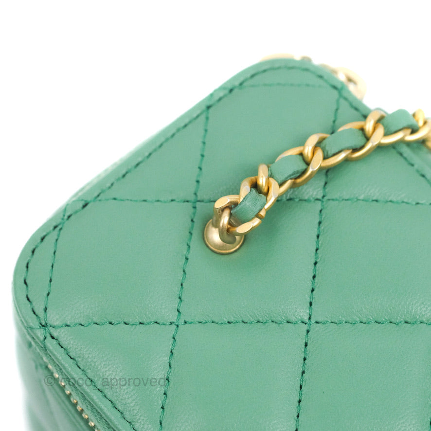 Chanel Vanity with Pearl Crush Chain Green Lambskin Aged Gold Hardware
