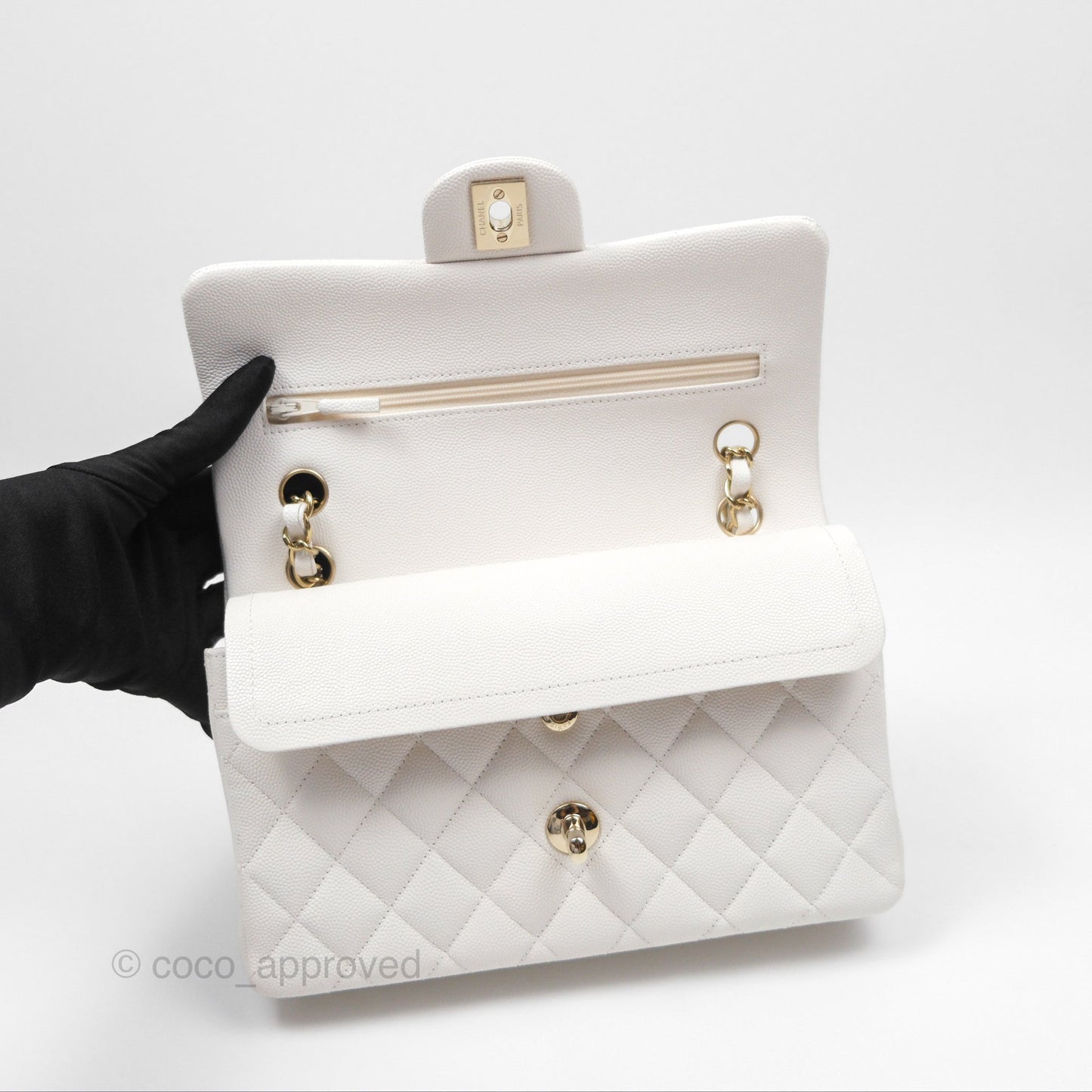 Chanel Small Classic Quilted Flap White Caviar Gold Hardware
